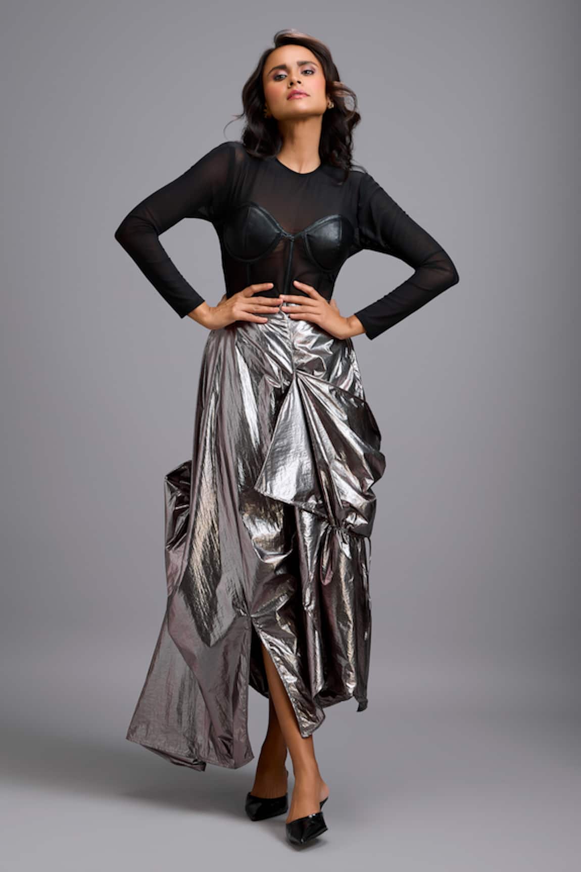 Deepika Arora Sheer Mesh Corset Top & Draped Maxi Skirt 