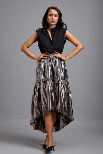 Deepika Arora Sleeveless Shirt & Metallic High-Low Skirt Set 