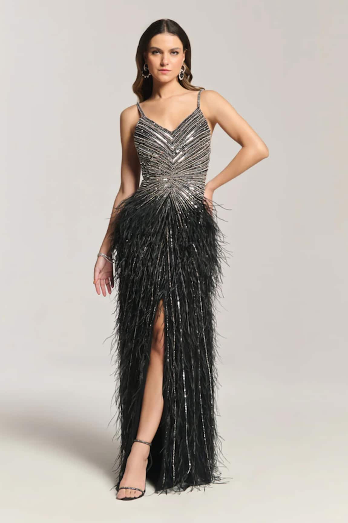 Bling Empire Embellished Feather Fall Gown