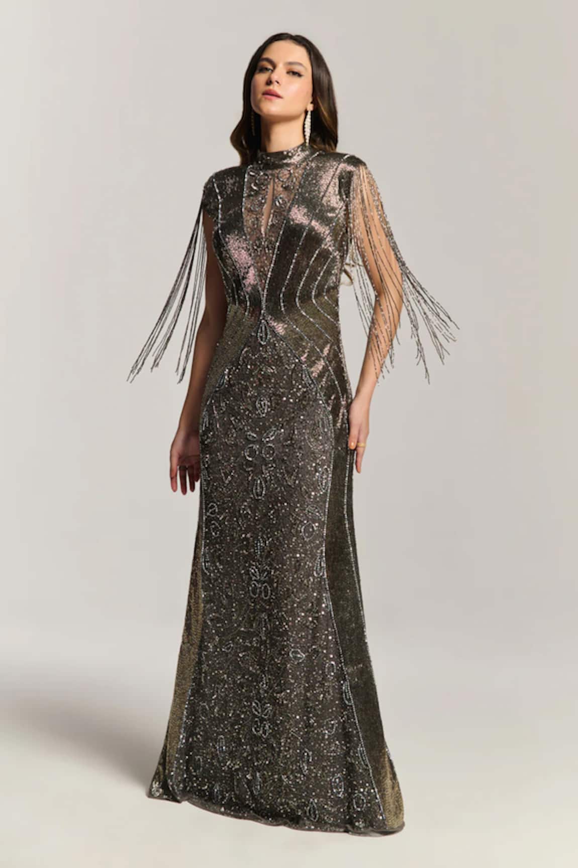 Bling Empire Moonlight Charcoal Fringe Gown