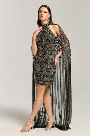 Bling Empire Midnight Queen Embellished Cape Dress 