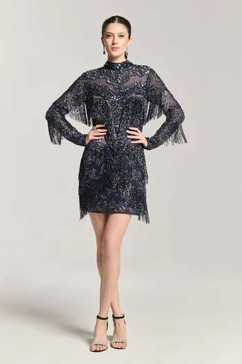 Bling Empire Navy Fringe Embellished Dress 