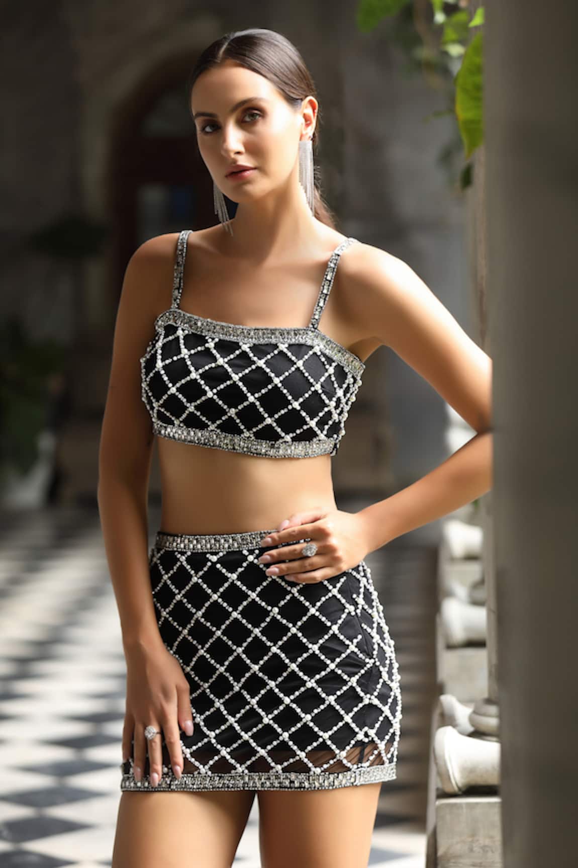 Bling Empire Black Embellished Skirt Set 