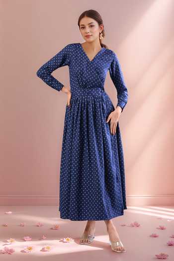 Naintara Bajaj Blue Butti Flex Cotton Satin Dress 