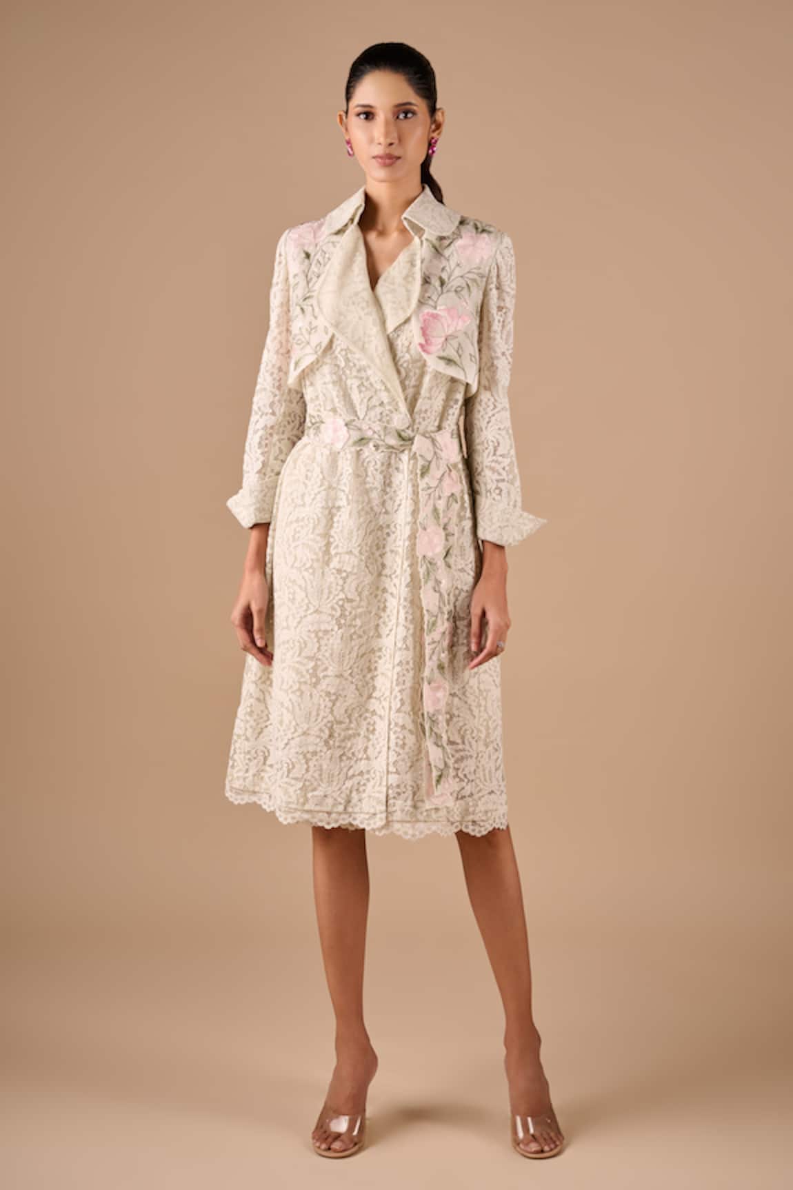 Shriya Som Floral Lace Trench Dress With Belt 