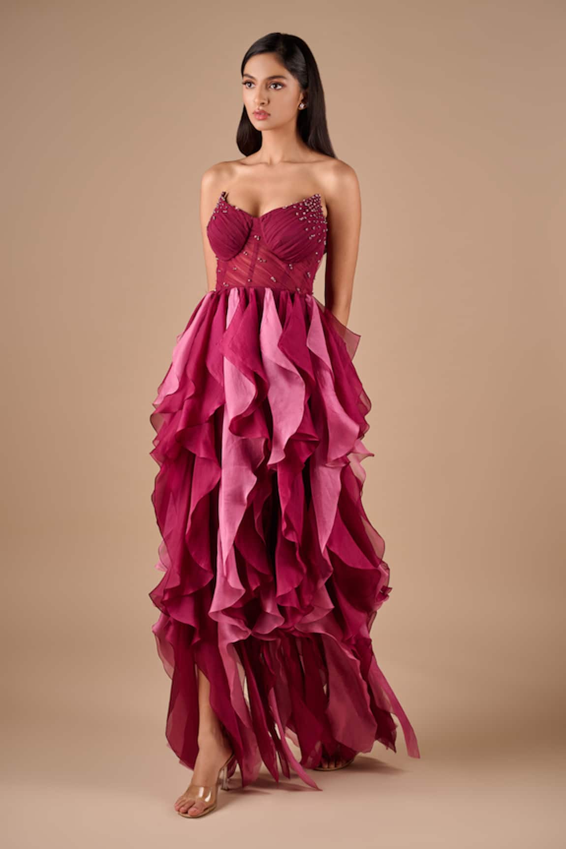 Shriya Som Corset Ruffle Bandeau Gown 
