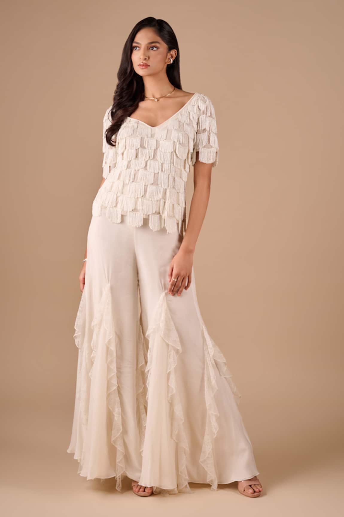 Shriya Som Scallop Fringe Top & Lace Ruffle Godet Pant Set 