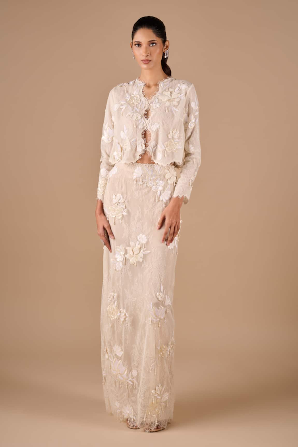 Shriya Som Floral Fringe Lace Jacket & Skirt Set 