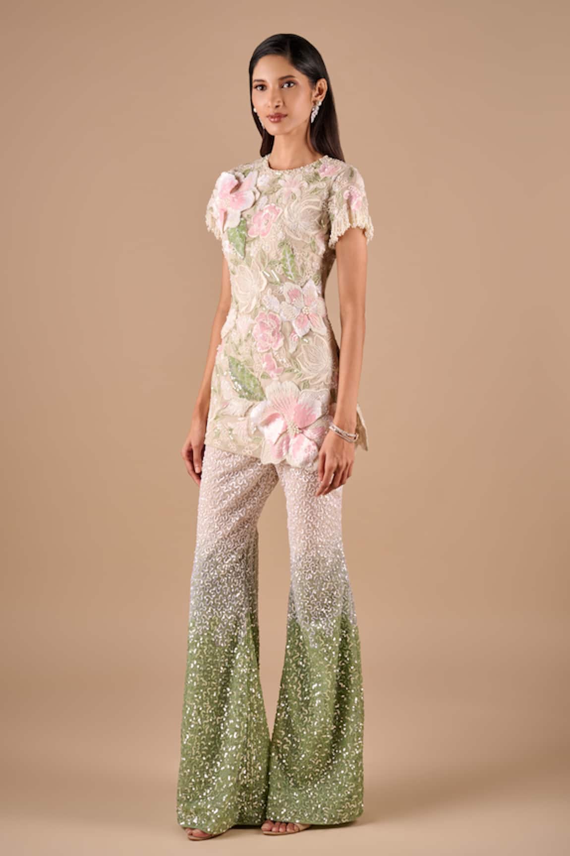 Shriya Som Beaded Floral Tunic & Ombre Sequin Pant Set 