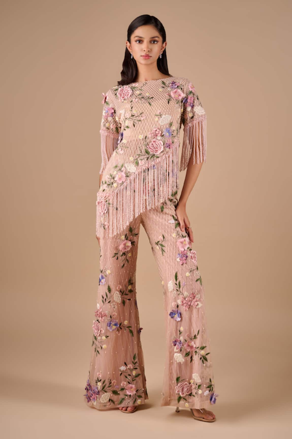 Shriya Som Floral Grid Fringe Top & Pant Set 