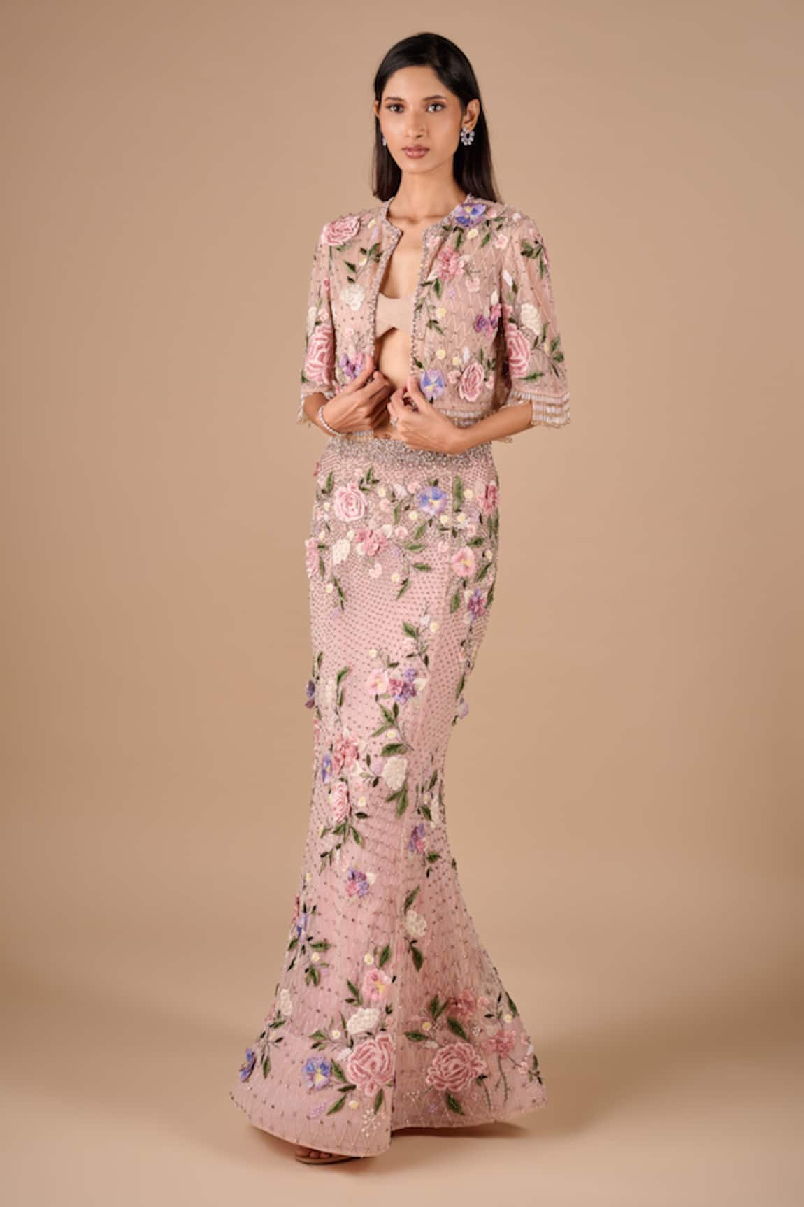 Shriya Som Bridal Fishtail Skirt & Cropped Fringe Jacket Set 