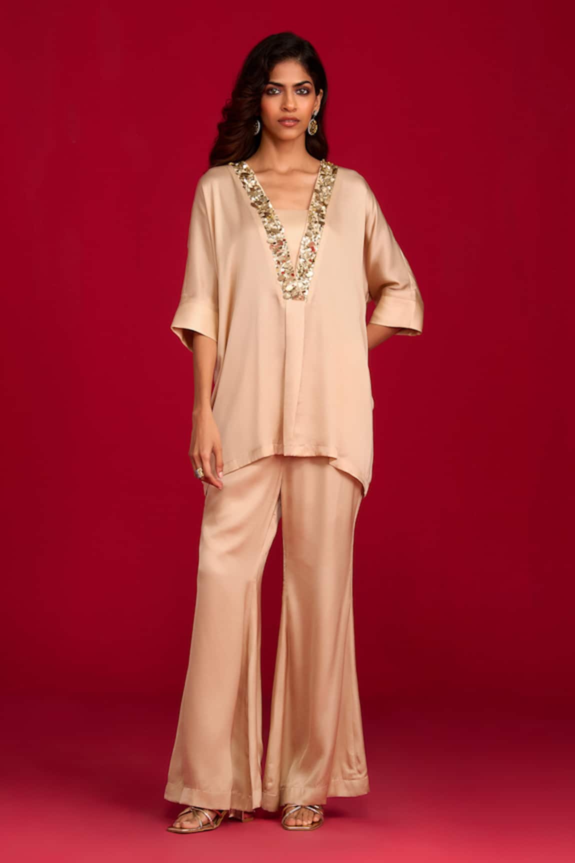 Megha Pitti Sequin Hand Embroidered Top With Bell Bottom Pant 