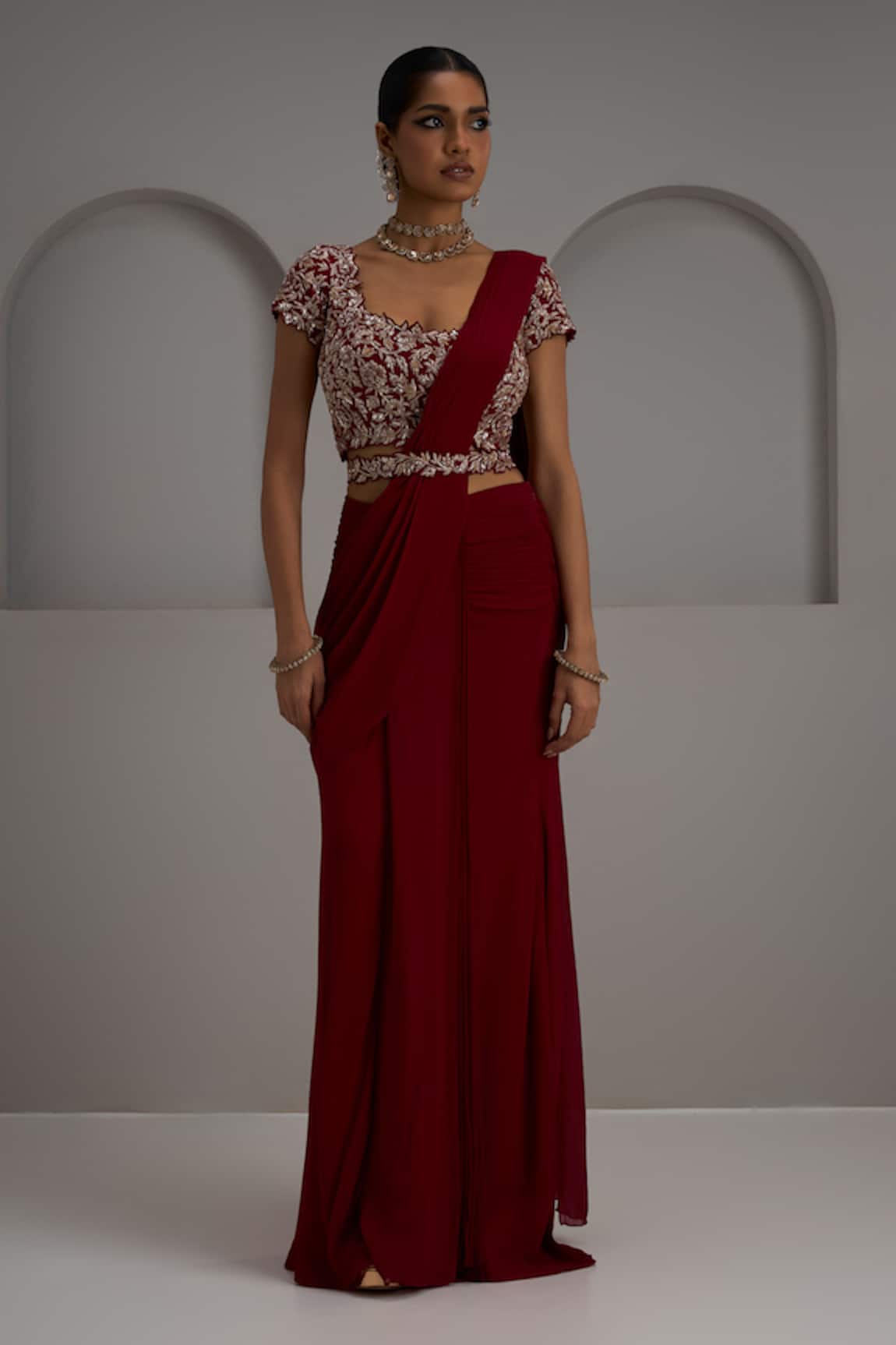 Maisolos Embroidered Blouse With Pre-Draped Saree