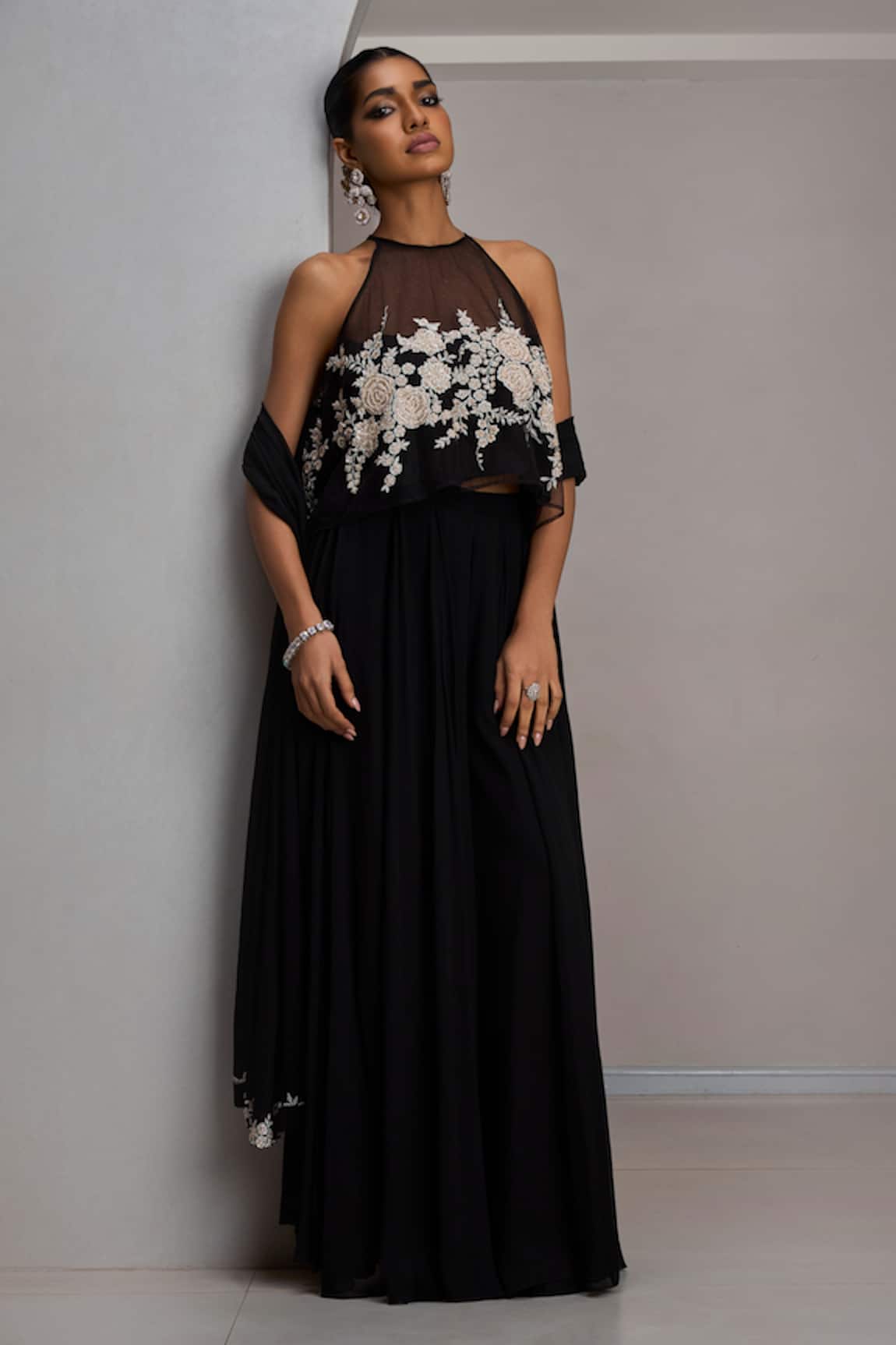 Maisolos Floral Embroidered Crop Top Sharara Set