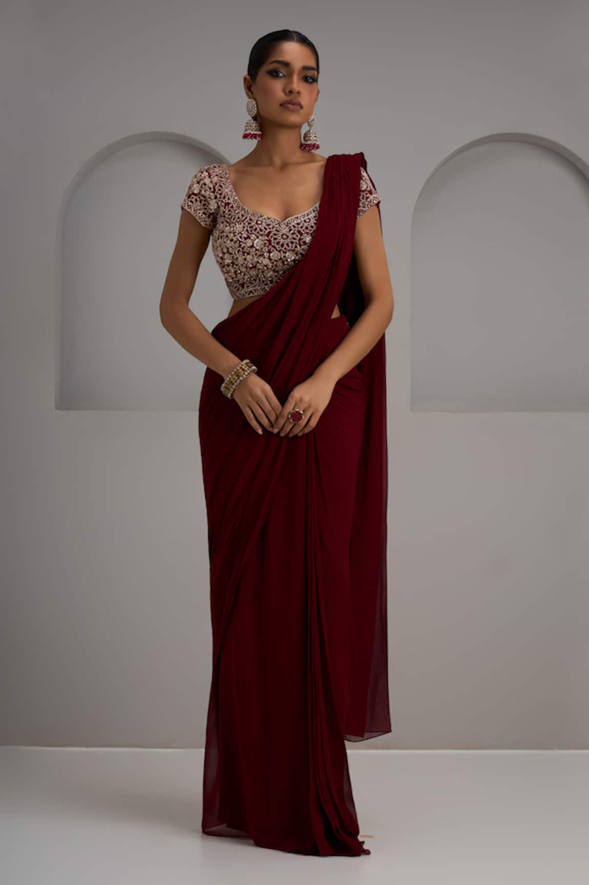 Maisolos Net Embroidered Blouse With Pre-Stitched Saree