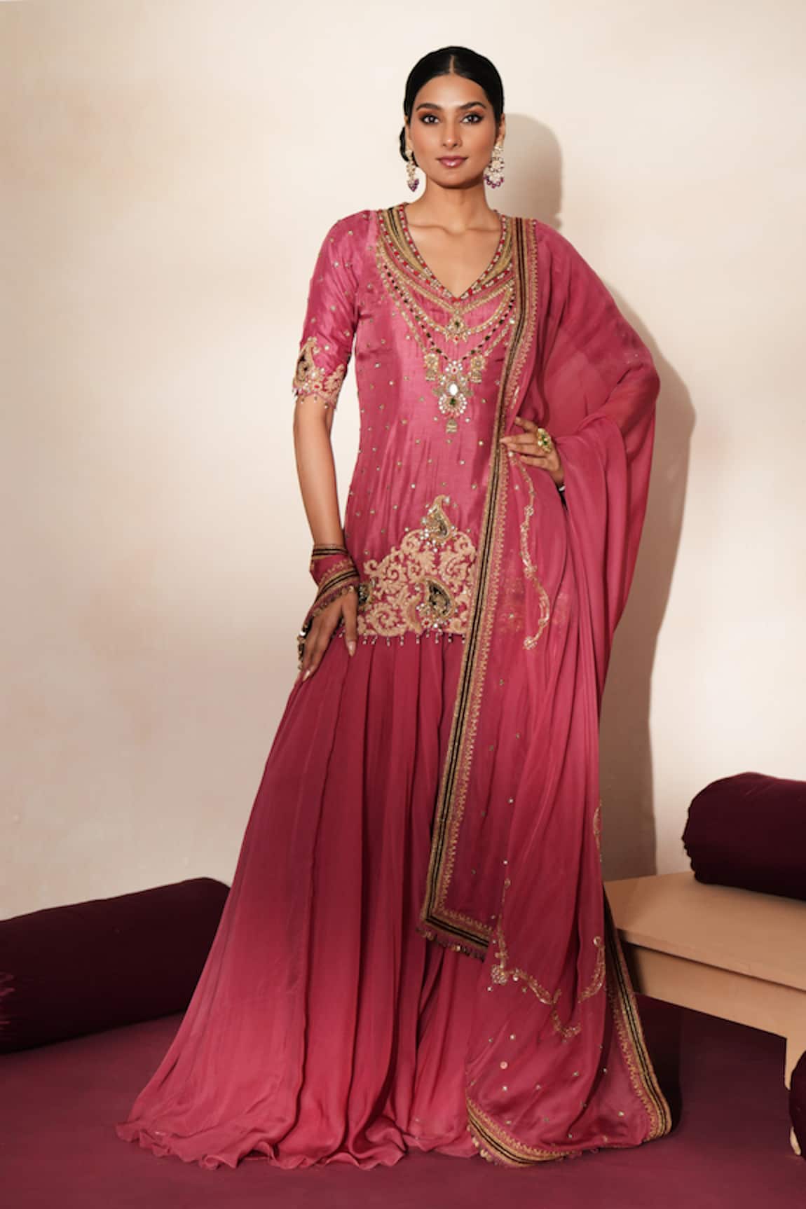 ISHA GUPTA TAYAL Sindoori Embroidered Kurta Sharara Set