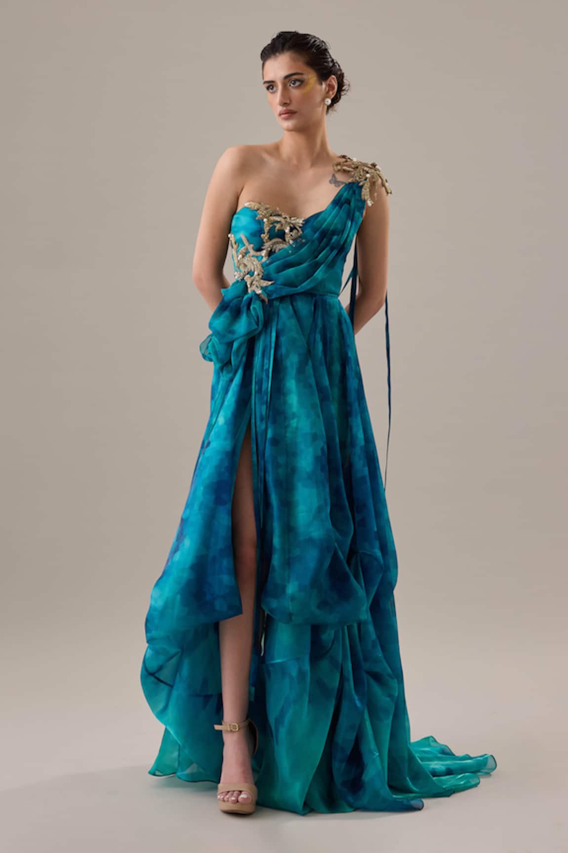 Cedar & Pine Isca Draped One Shoulder Gown 