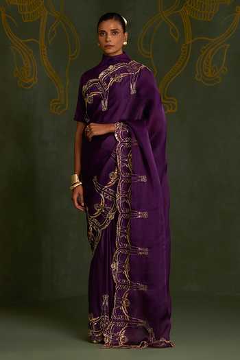 Sitaraa Amogha Yali Motif Embroidered Saree With Blouse 
