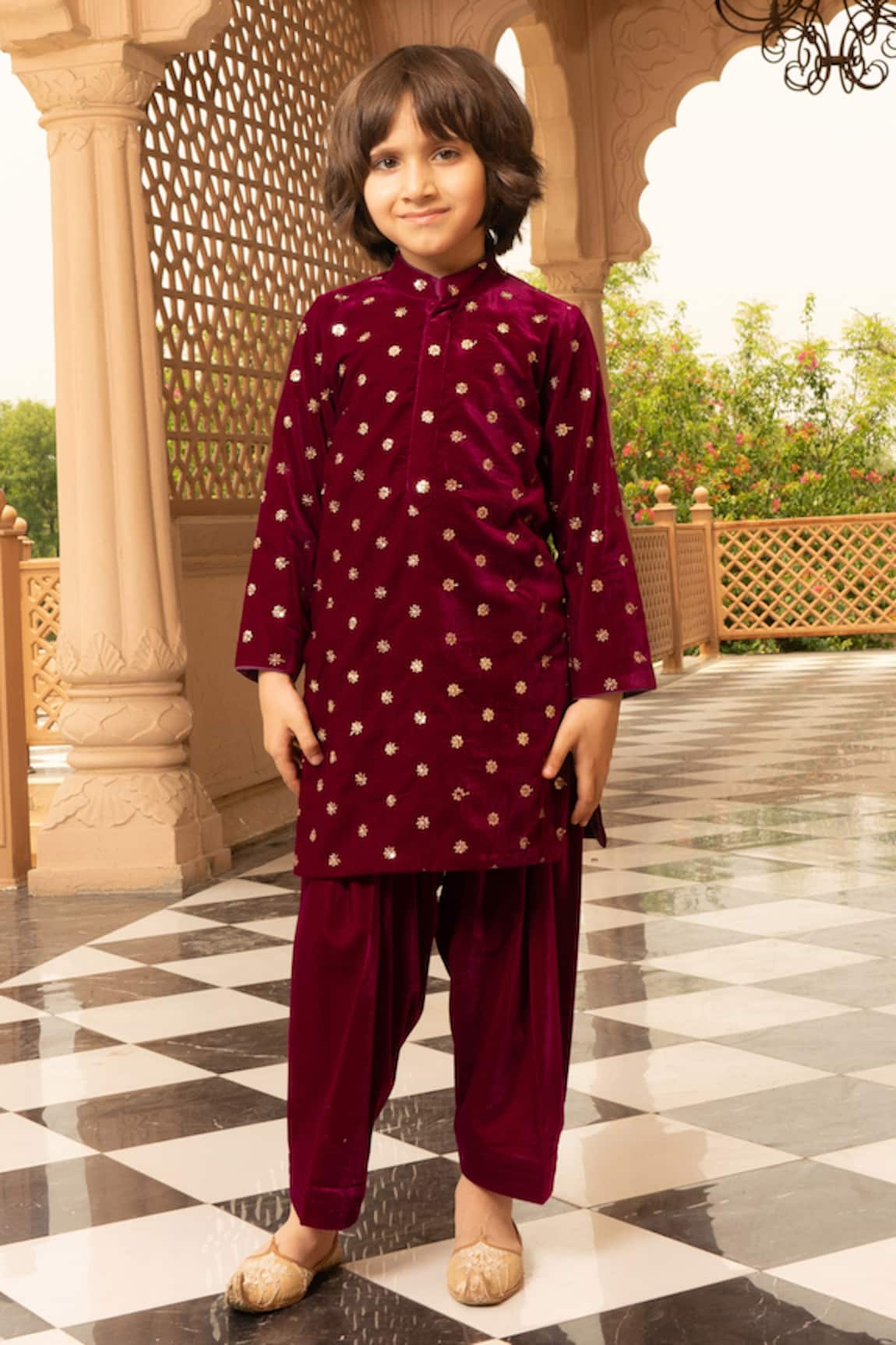 Fayon Kids Velvet Embroidered Kurta & Salwar Set