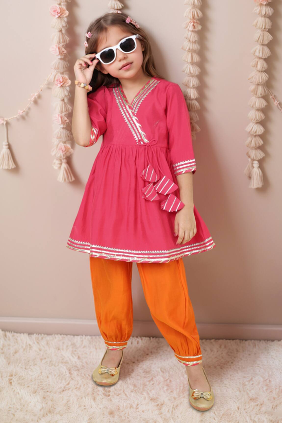 Petite Pomme Fuchsia Gota Embellished Kurta & Orange Pyjama