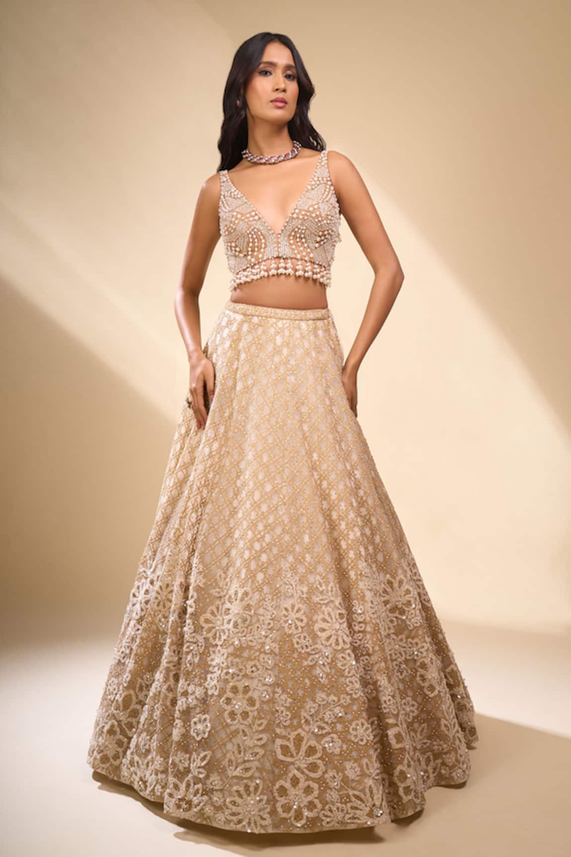 Seema Gujral Pearl Floral Embroidered Lehenga Set 