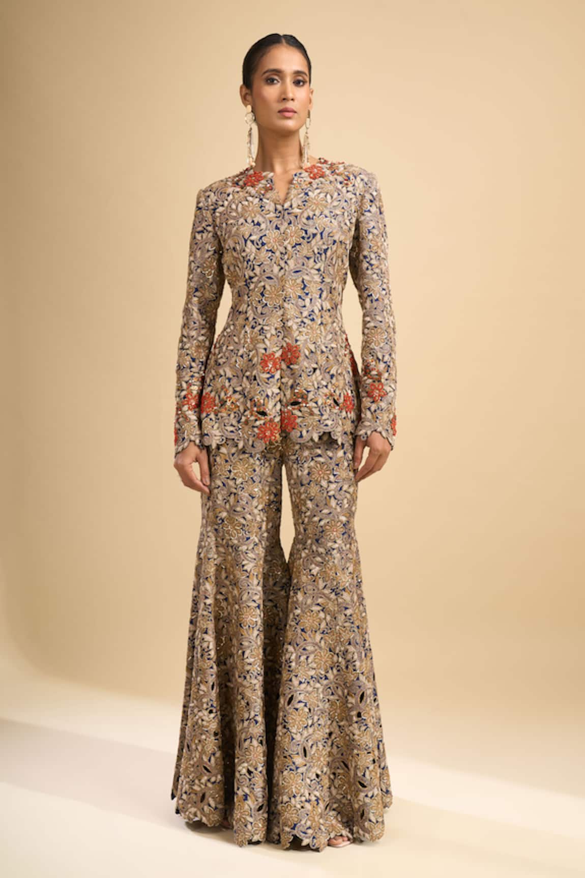 Anamika Khanna Floral Embroidered Peplum Jacket & Sharara Set