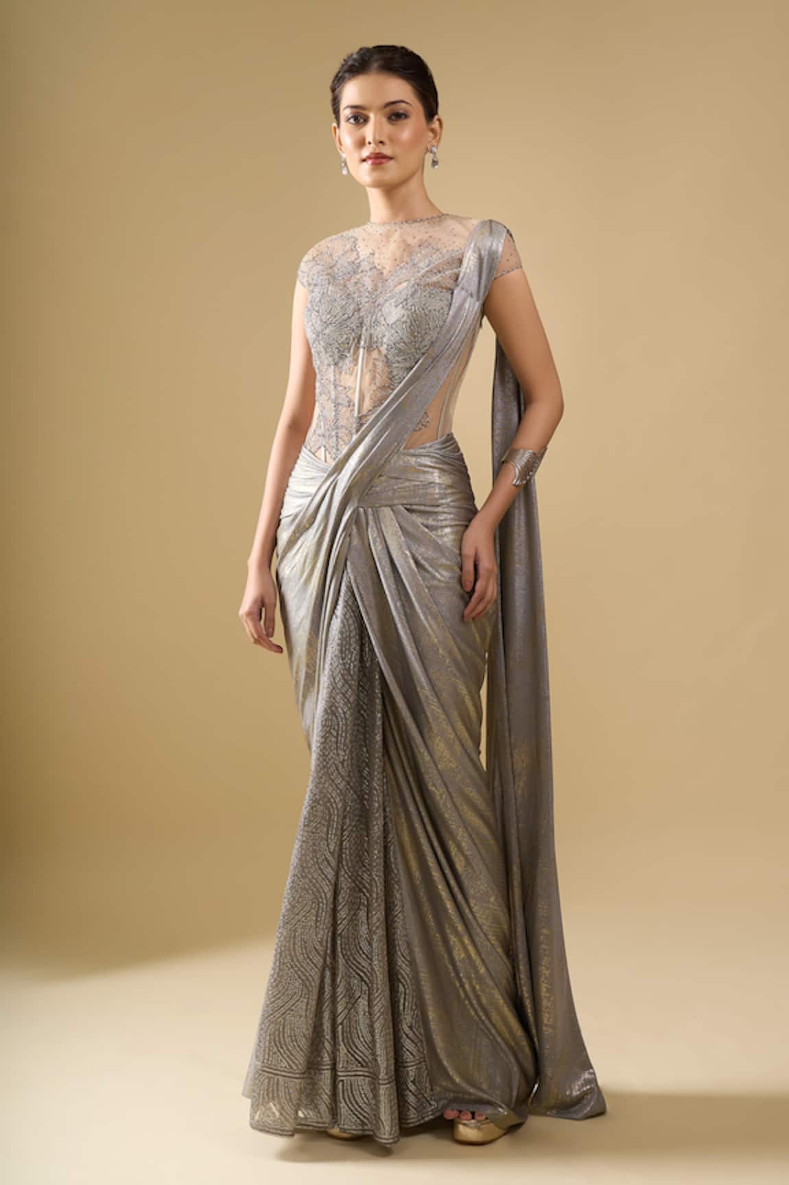 Tarun Tahiliani Embroidered Corset Draped Concept Saree Gown 