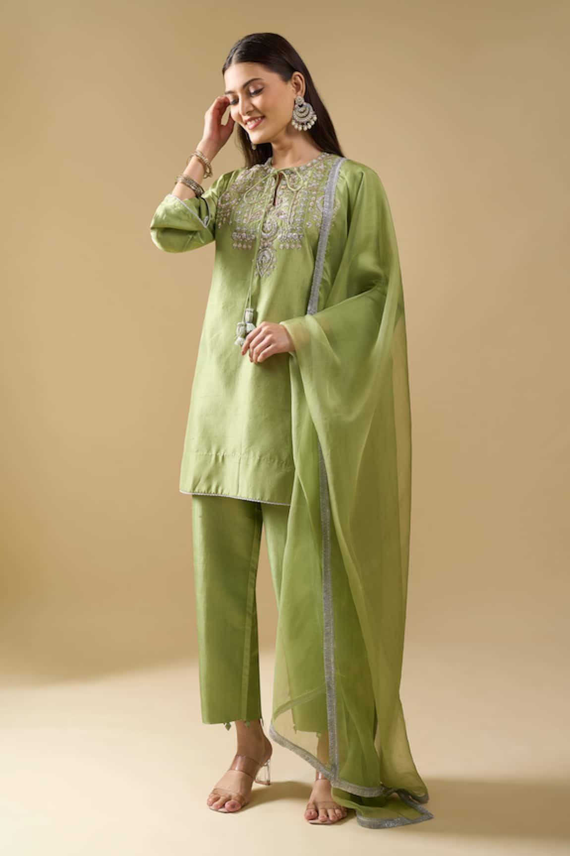 Archana Shah Zari Moon Yoke Silk Kurta Set