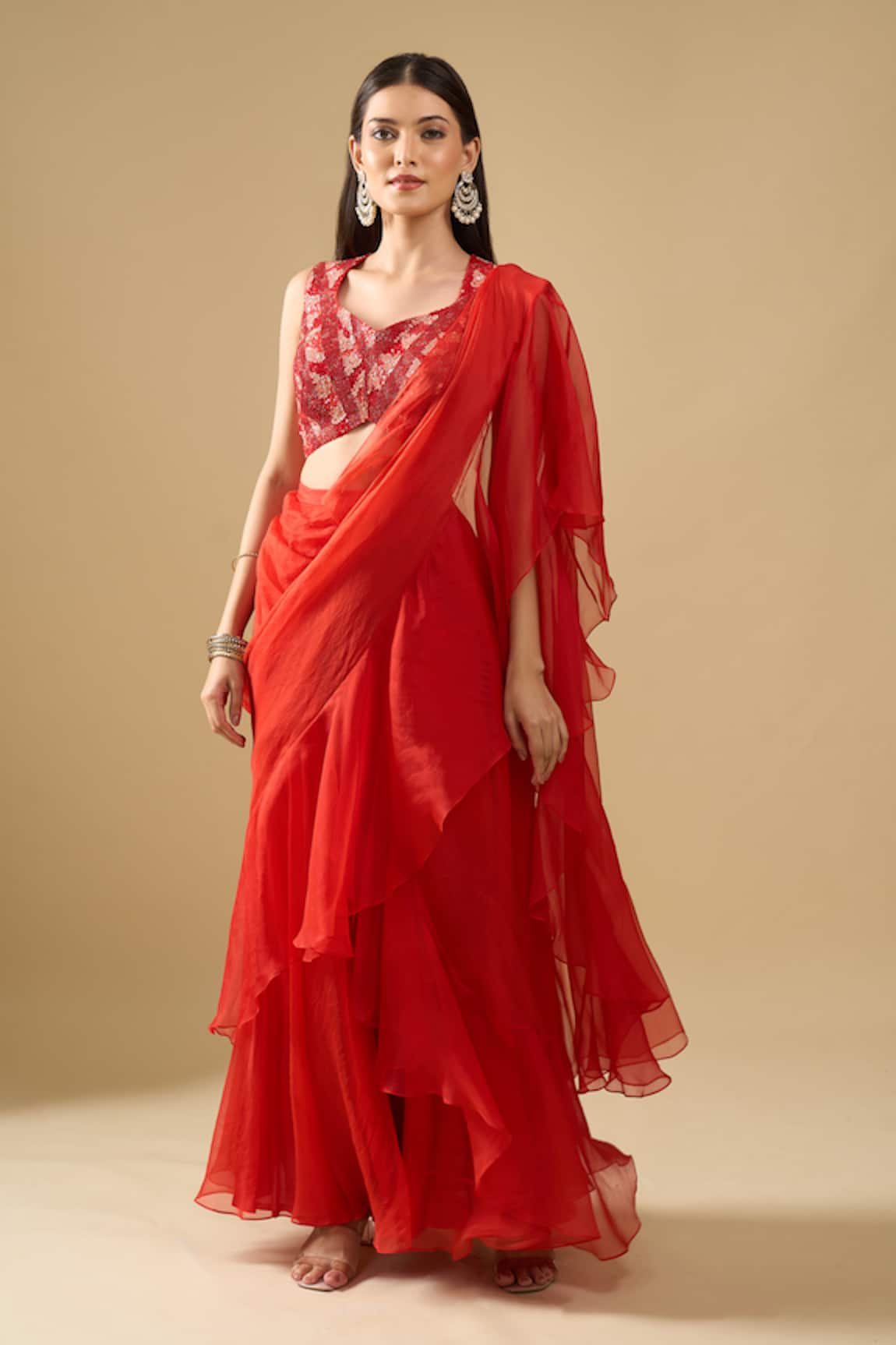 Archana Shah Pre-Draped Ruffle Saree With Sequin Blouse