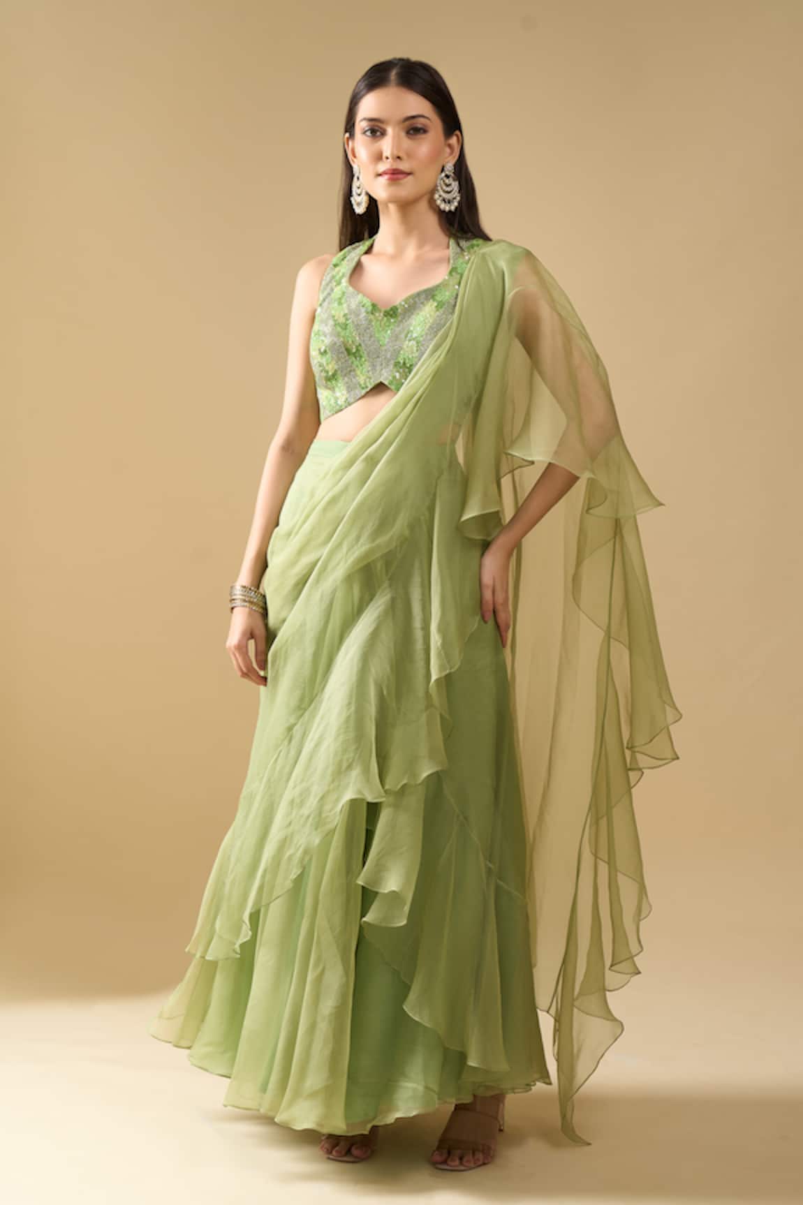 Archana Shah Pre-Draped Ruffle Saree With Sequin Blouse