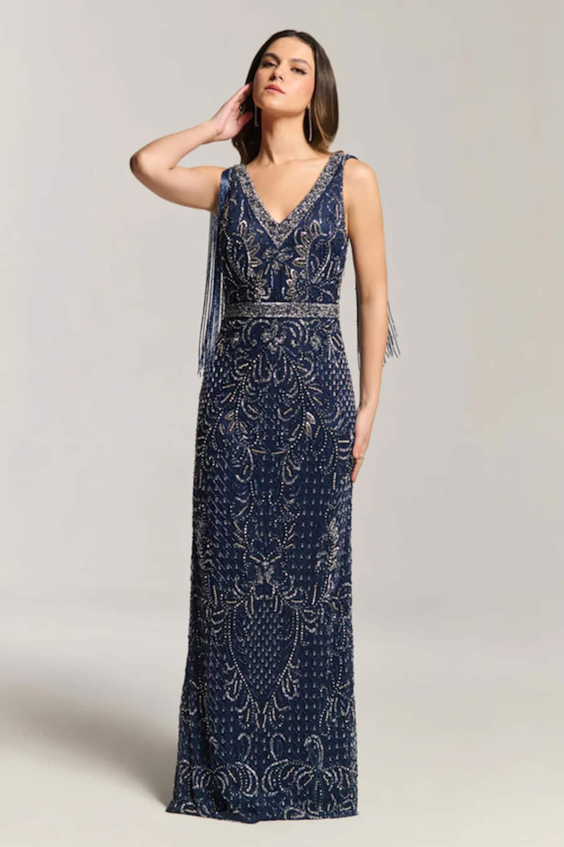 Bling Empire Navy Check Embellished Gown 