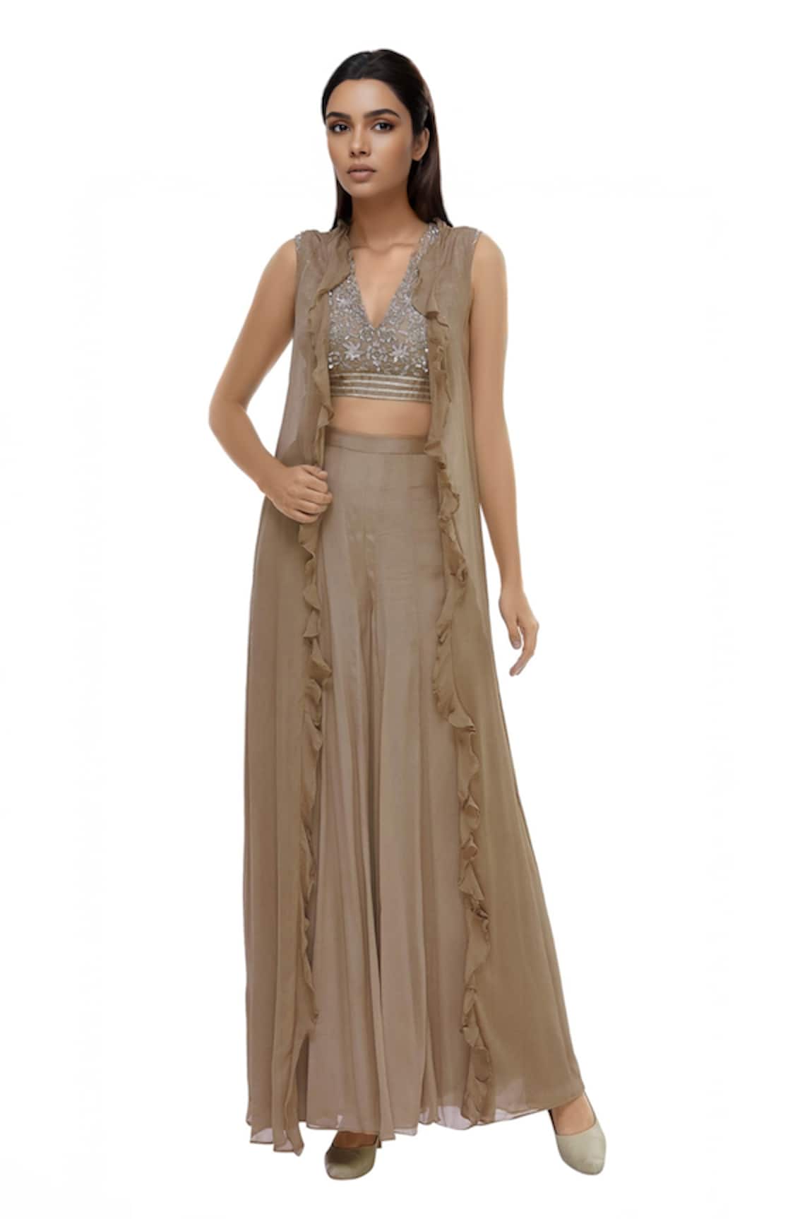 Neha Khullar Chanderi Silk Crop Top Pant Set 