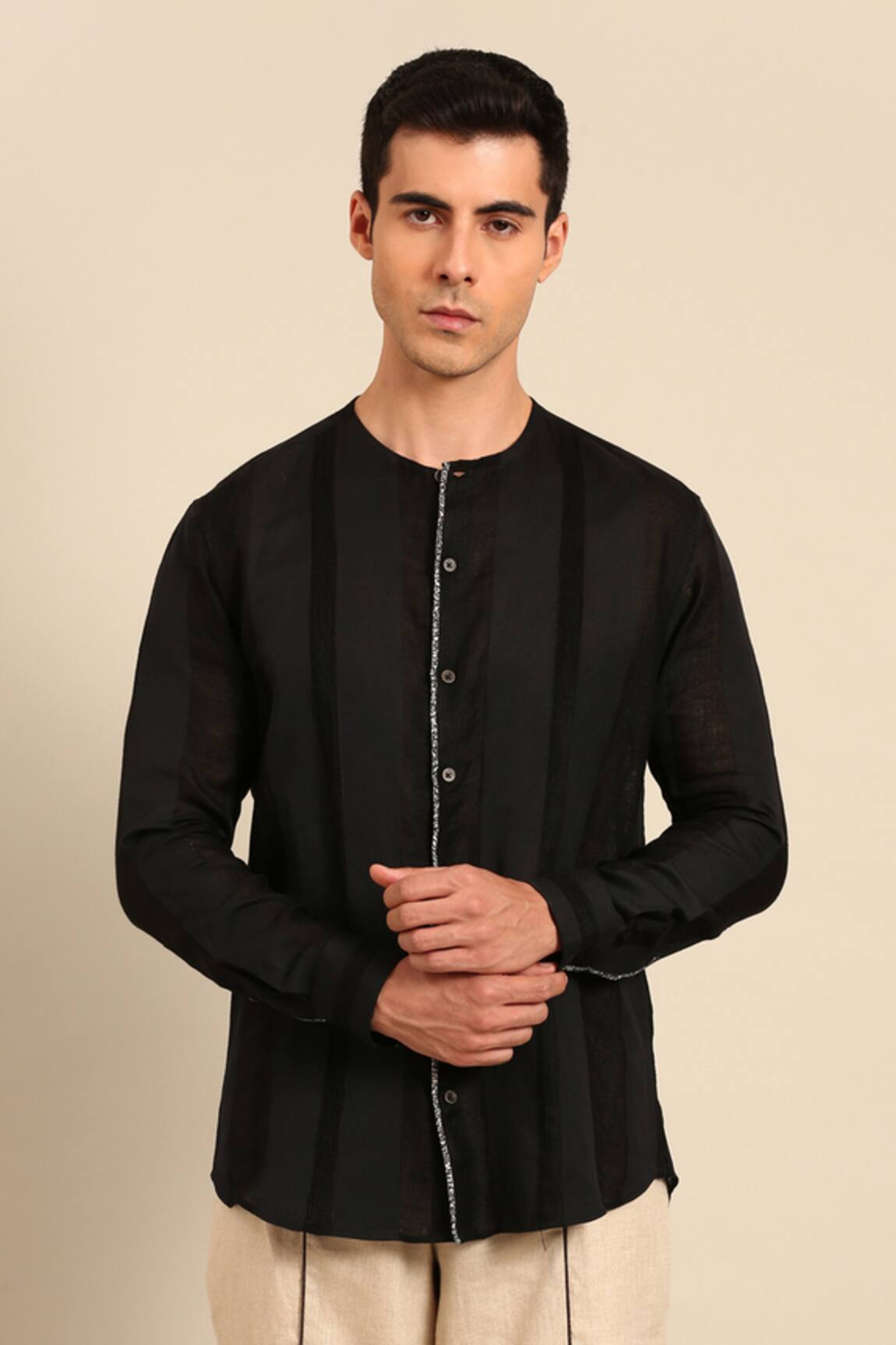 Mayank Modi - Men Linen Band Collar Shirt