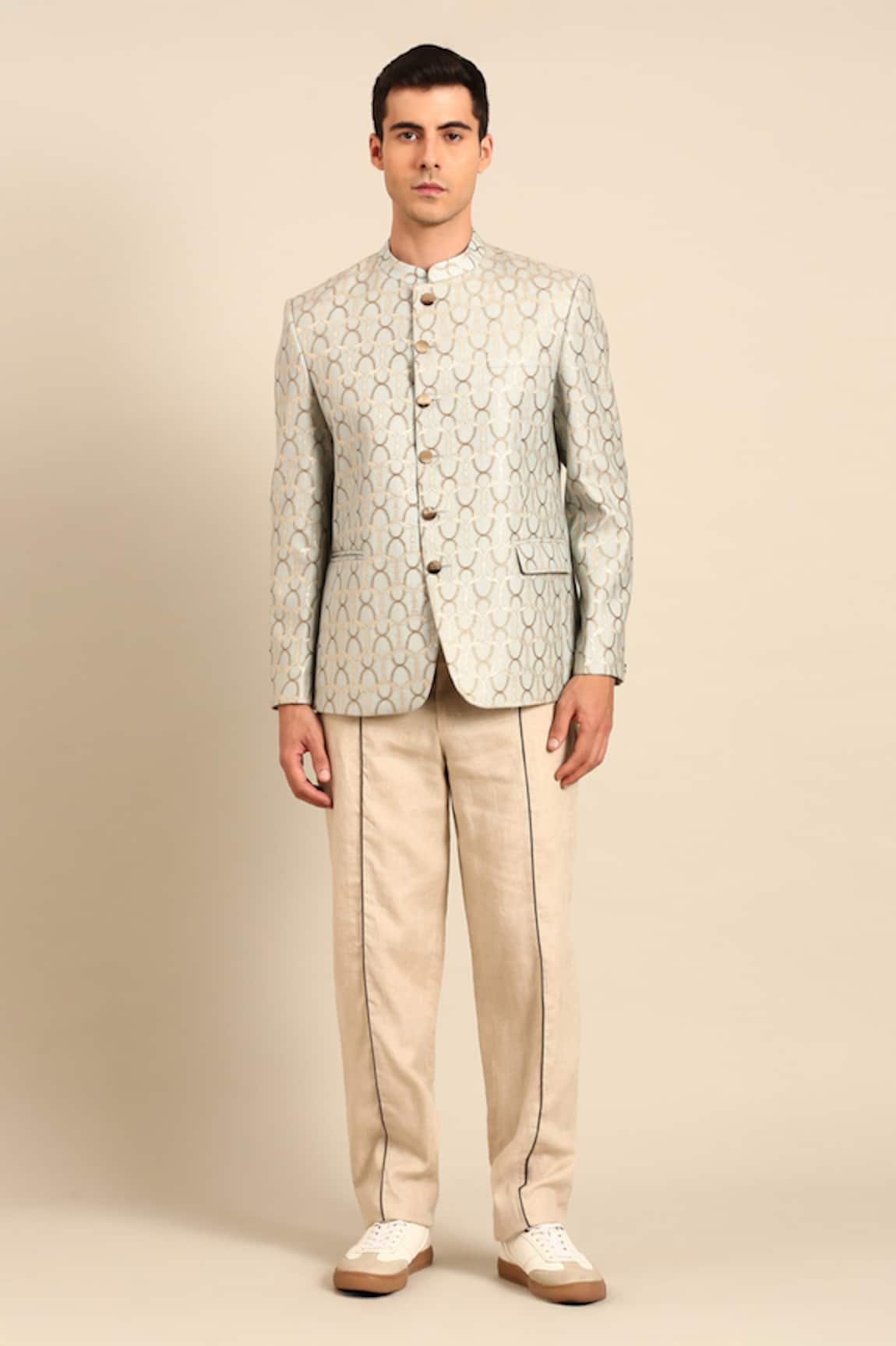 Mayank Modi - Men Geometric Pattern Bandhgala Blazer & Pant Set