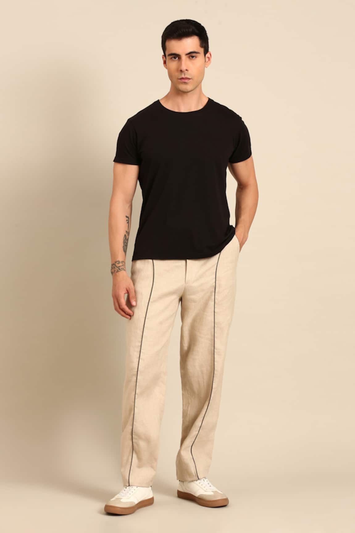 Mayank Modi - Men Linen Piped Detail Trouser 