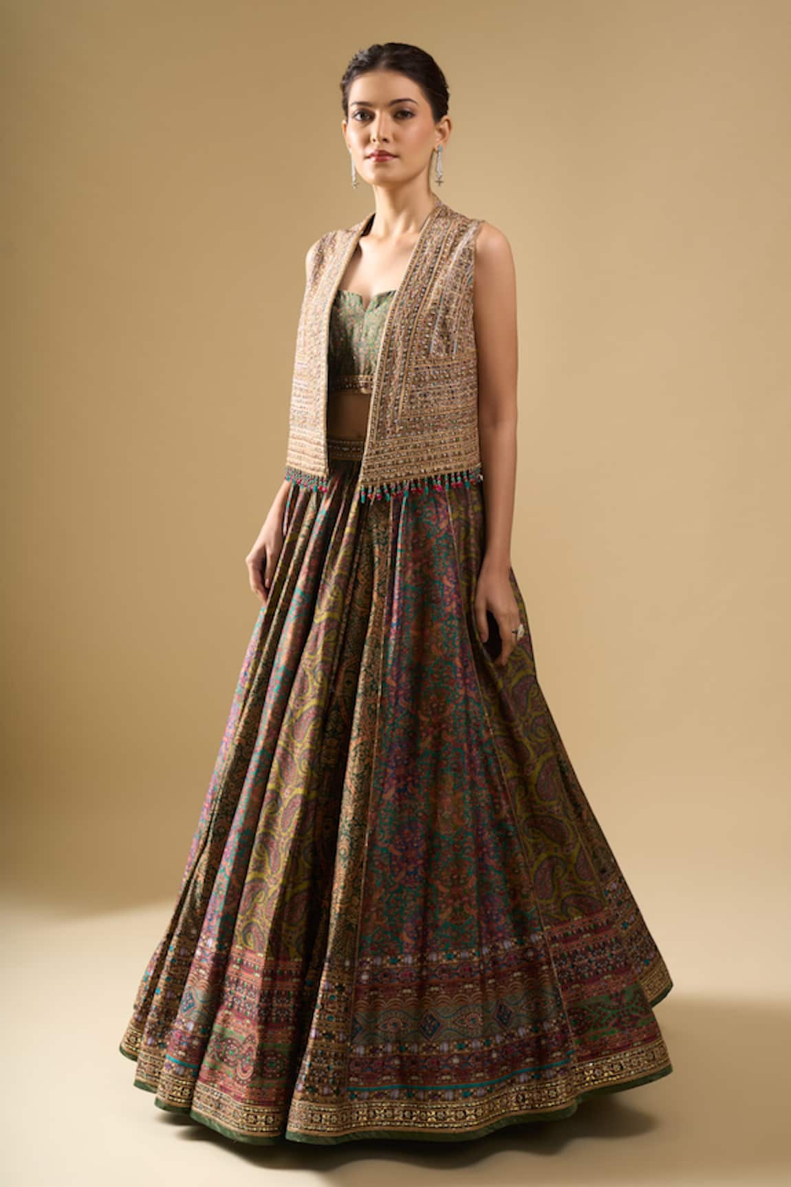 Tarun Tahiliani Embroidered Gilet Printed Lehenga Set 
