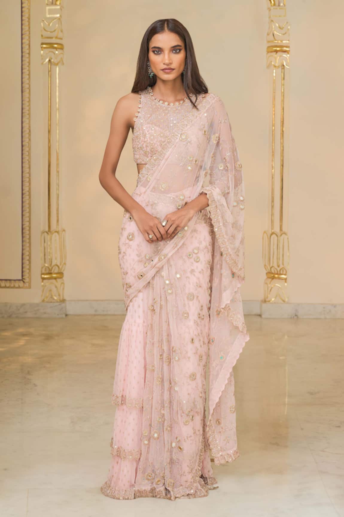 Arpita Mehta Hand Embroidered Jaal Ruffle Saree Set 