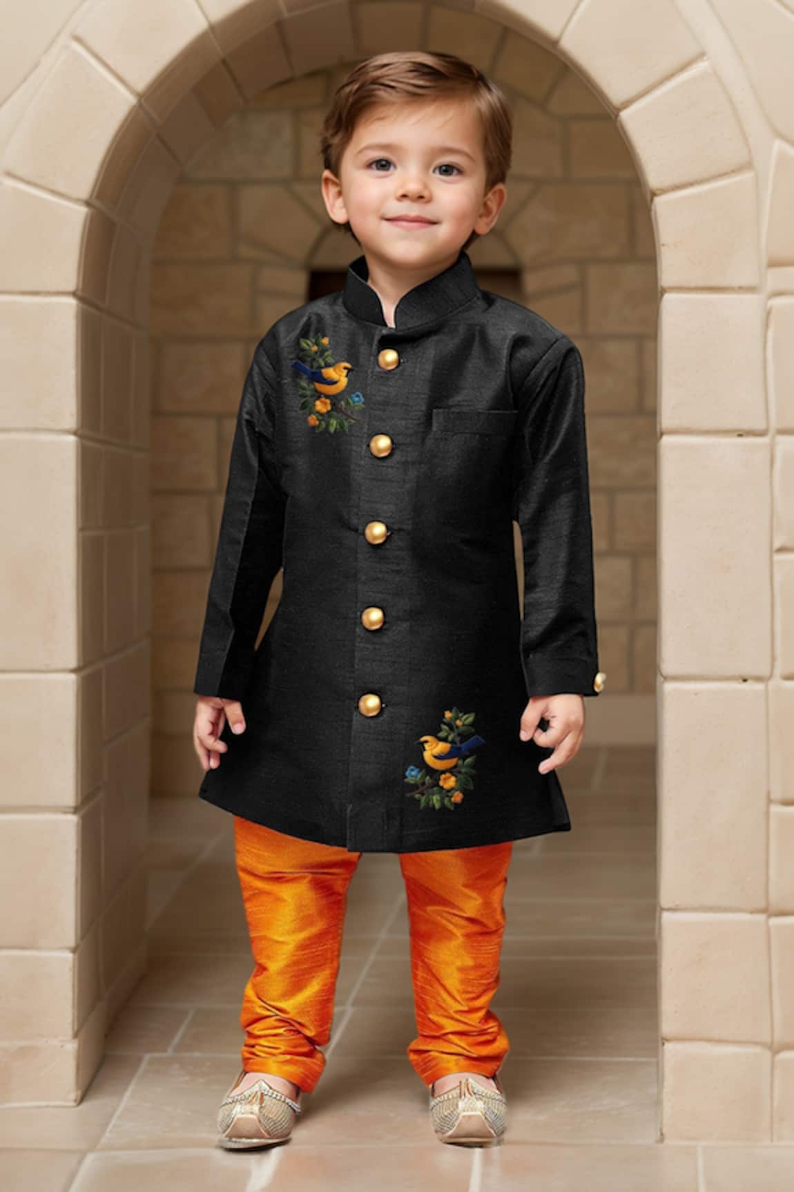 Petite Pomme Bird Embroidered Sherwani & Churidar Set