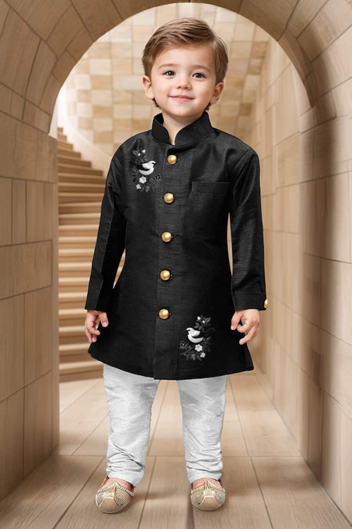 Petite Pomme Bird Embroidered Black Sherwani & Churidar