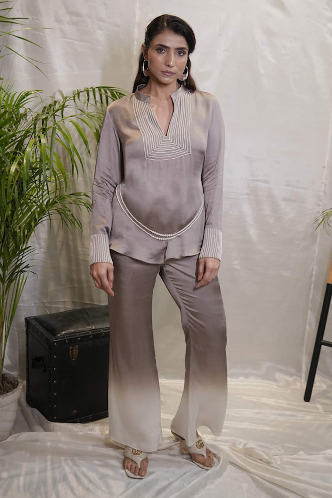 Vedangi Agarwal Silver Dusk Ombre Satin Top & Pant Set