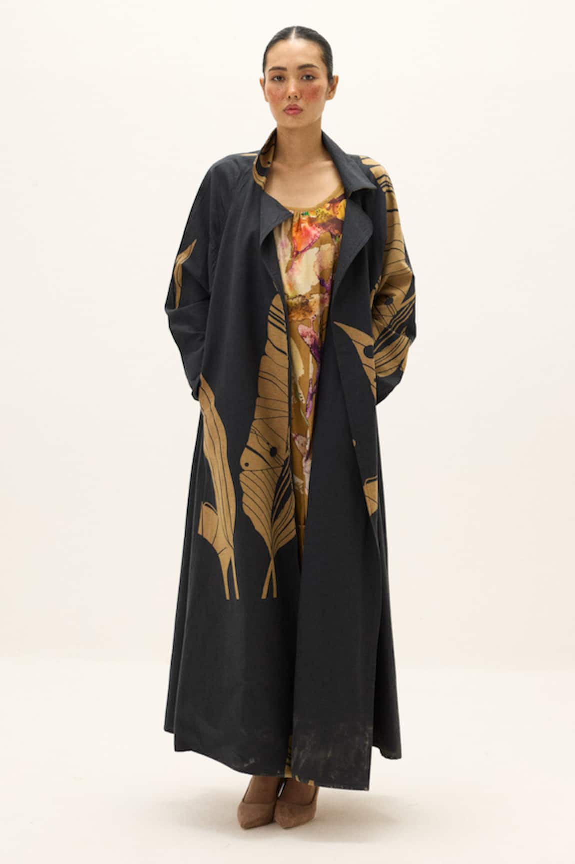 Kharakapas Midnight Leaf Print Trench Coat