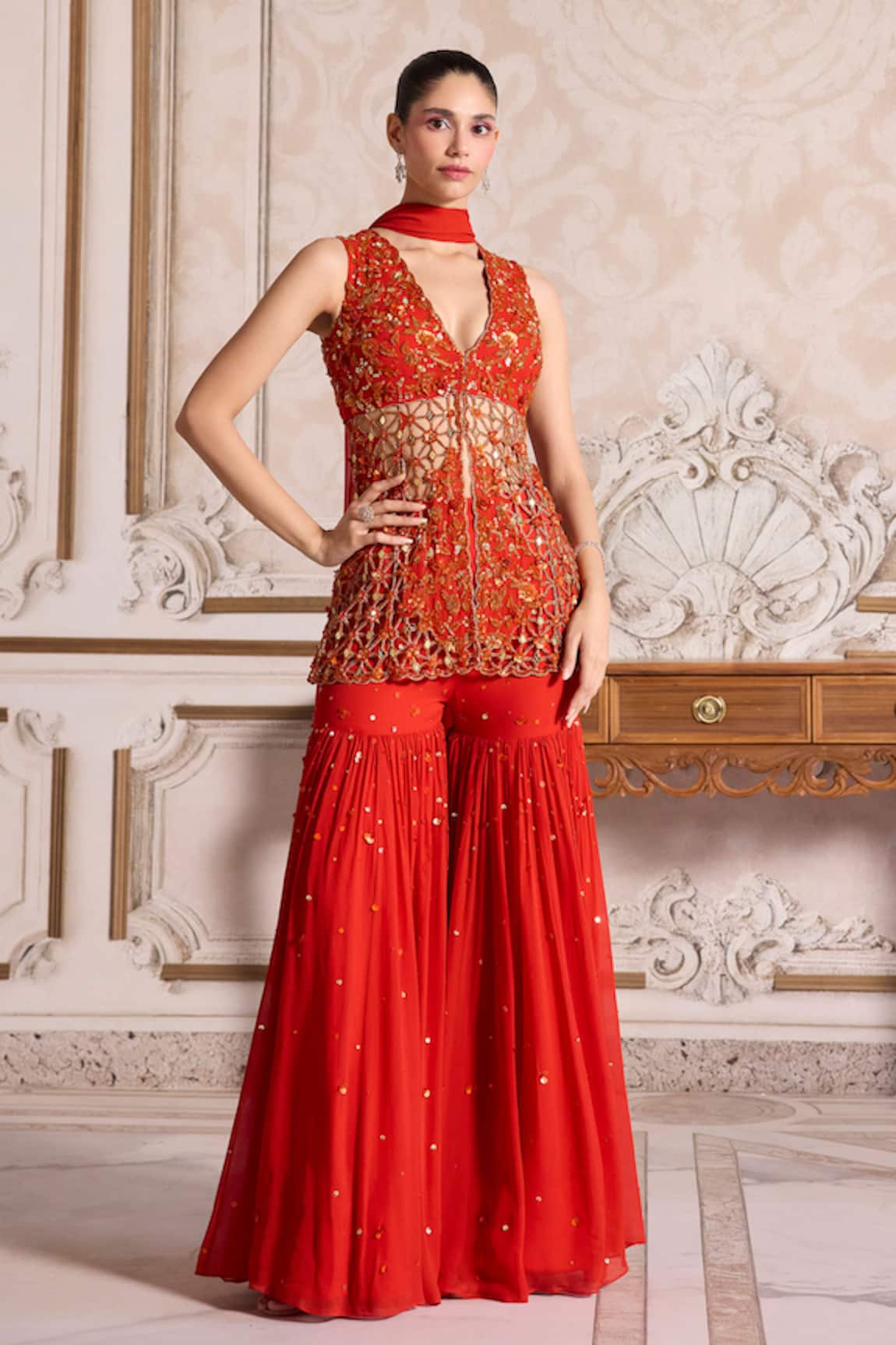 Label Sanya Gulati Cutwork Embroidered Peplum Kurta Sharara Set 