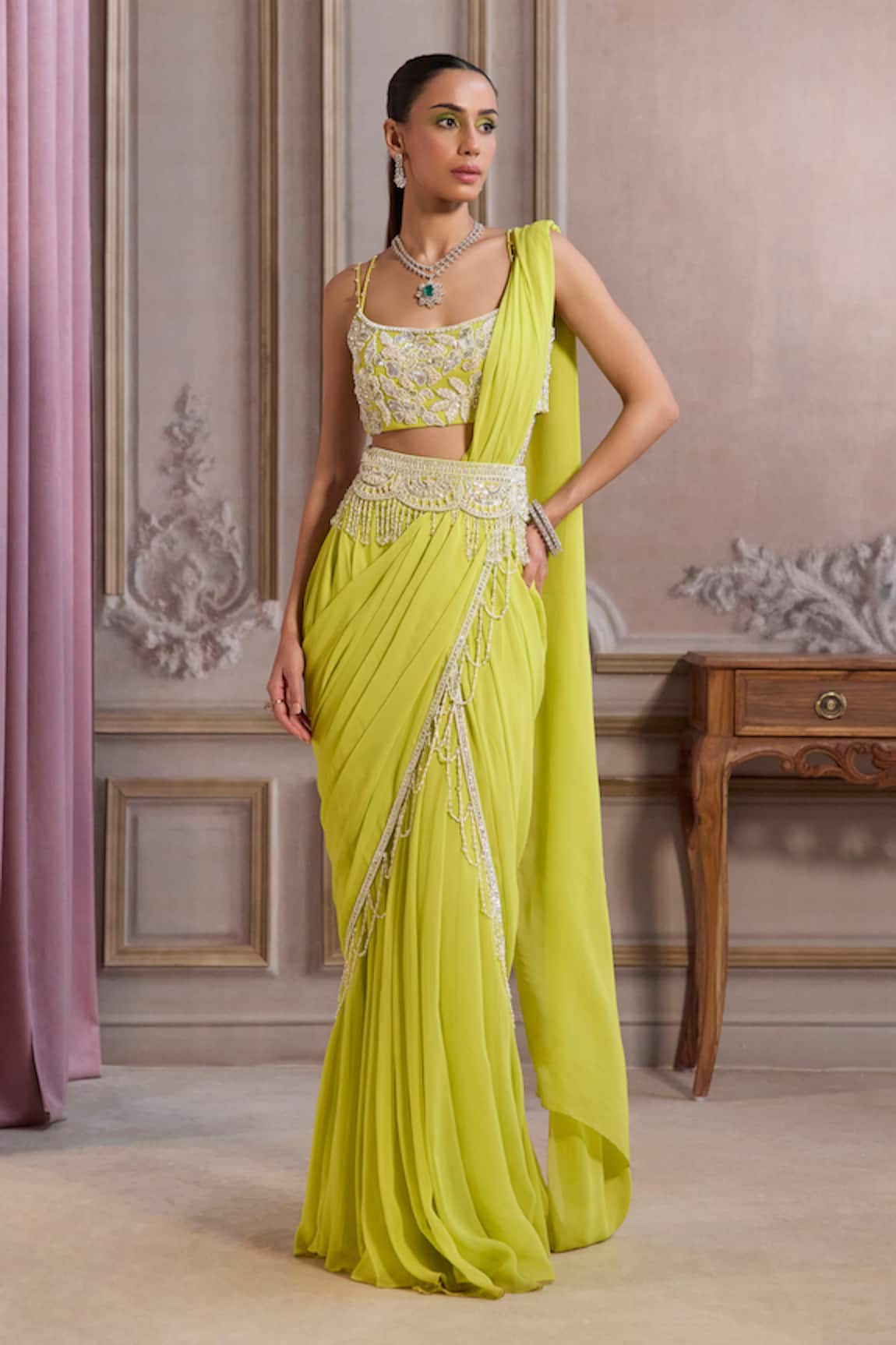 Label Sanya Gulati Pre-Draped Saree With Embroidered Blouse 