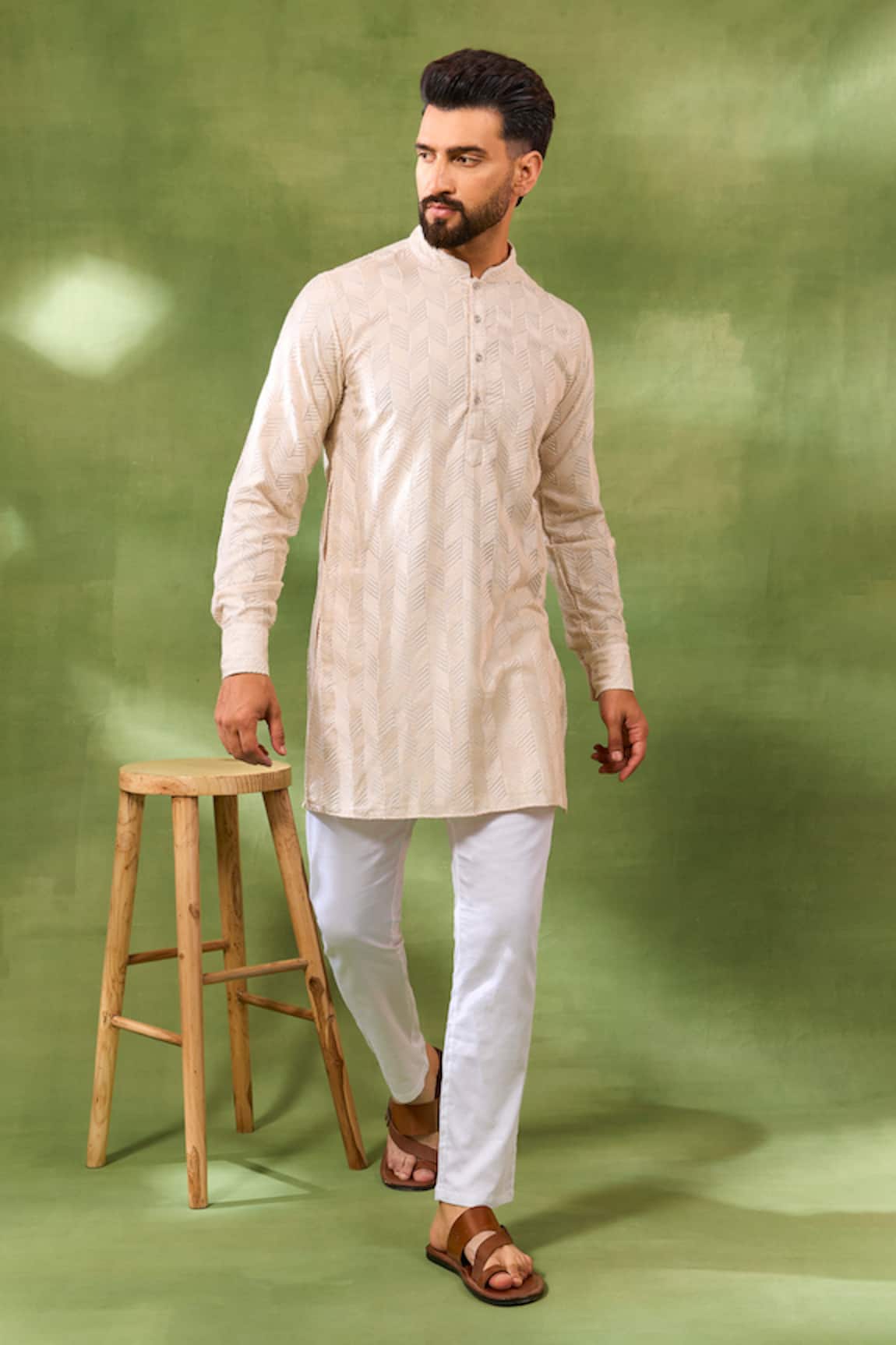 Spring Break Beige Geometric Embroidered Kurta Set 