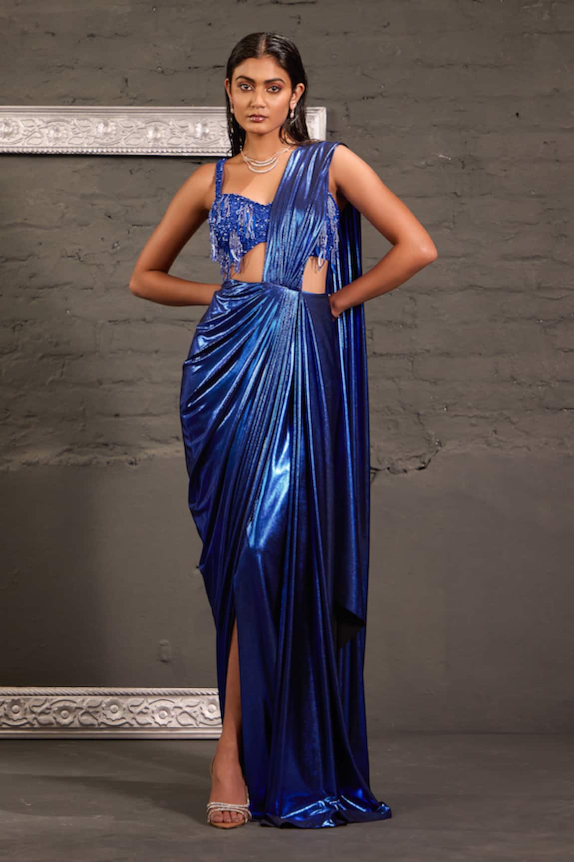 One Knot One By Ashna Metallic Pre-Draped Saree With Embroidered Blouse