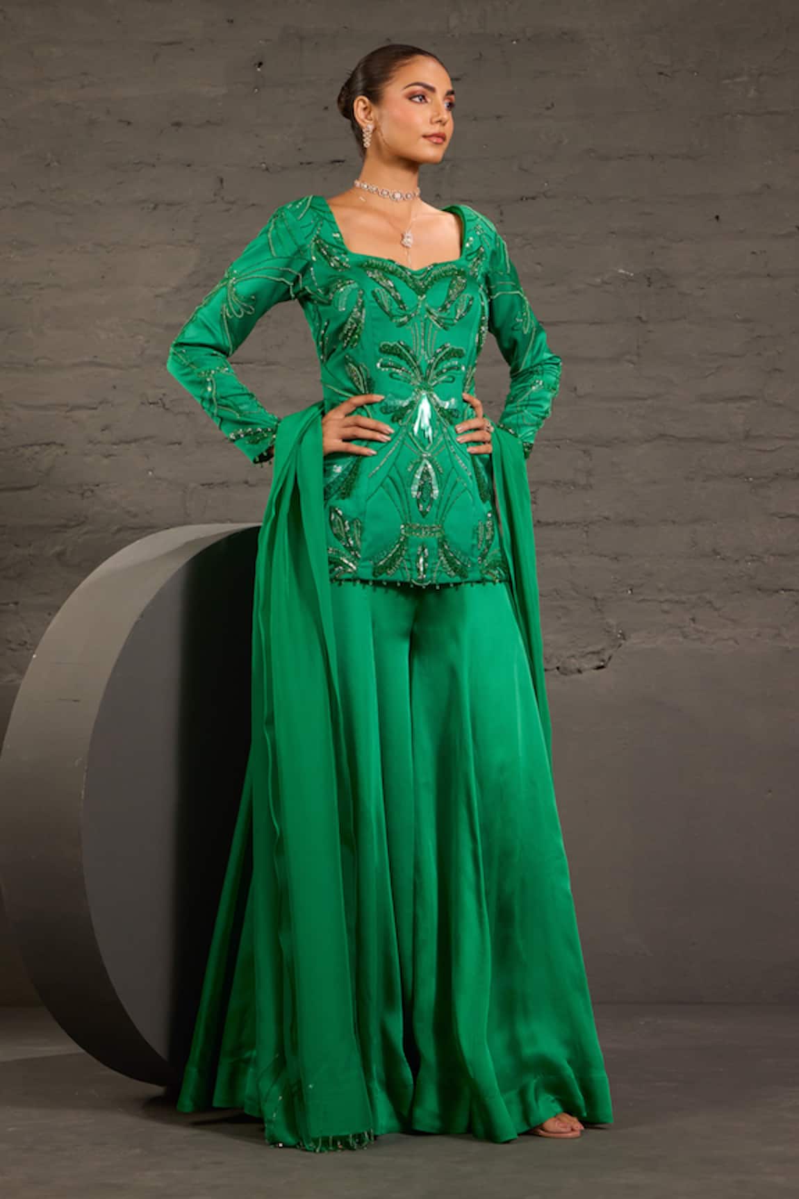 One Knot One By Ashna Sequins & Bead Hand Embroidered Tunic Sharara Set