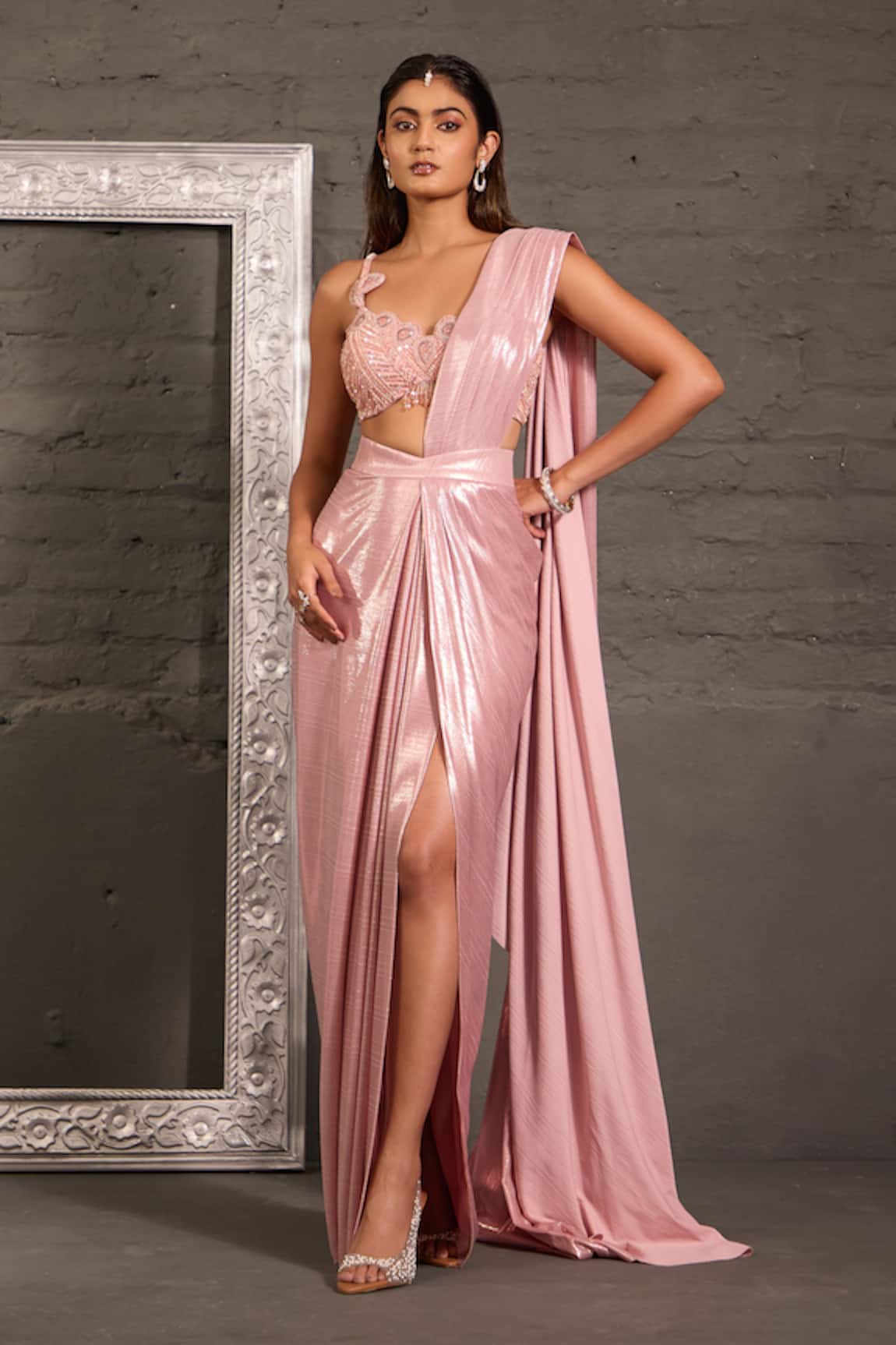 One Knot One By Ashna Cutwork Embroidered Blouse With Pre-Draped Saree