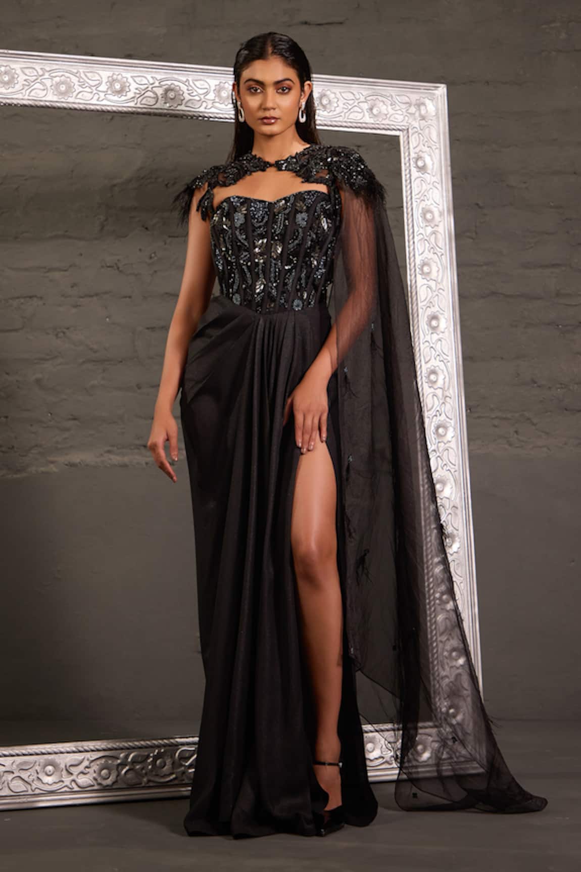 One Knot One By Ashna Hand Embroidered Corset Gown With Cape