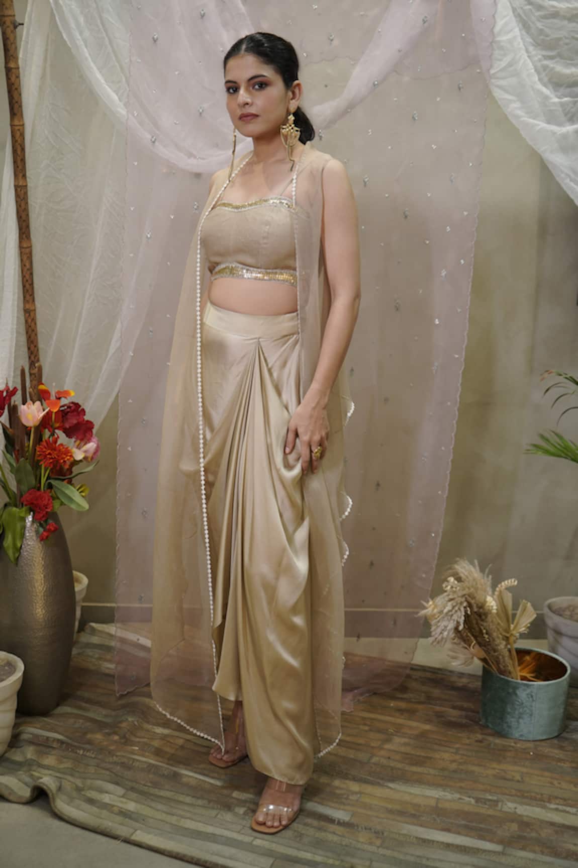 Vedangi Agarwal Sheer Cape & Draped Skirt Set