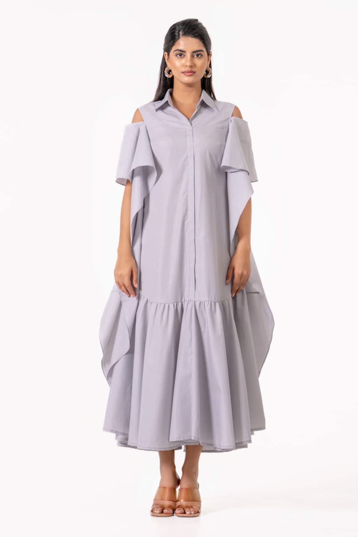 K-Anshika Striped Cold Shoulder Ruffle Maxi Dress 